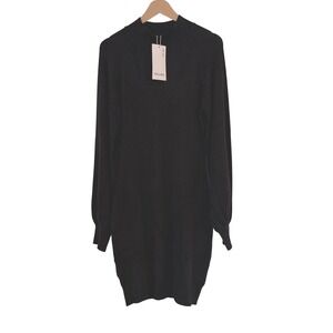 NWT Exlura Black Mock Neck Puff Sleeve Knit Bodycon Sweater Dress Size Large